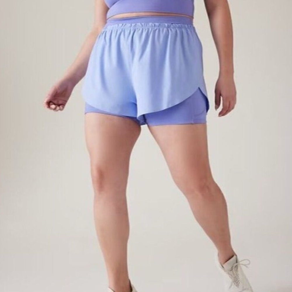 Athleta Mile Marker 2 in 1 Running Shorts Womens Blue Purple